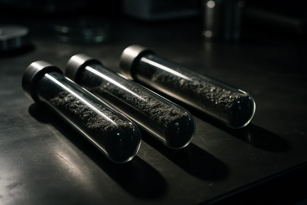 Sealed lunar sample tubes on a laboratory bench