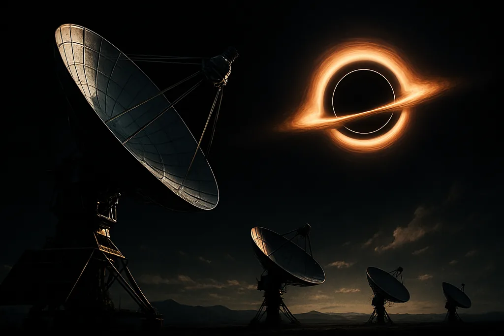 Illustration of an orbiting radio dish linked with ground arrays observing a black hole with a thin photon ring